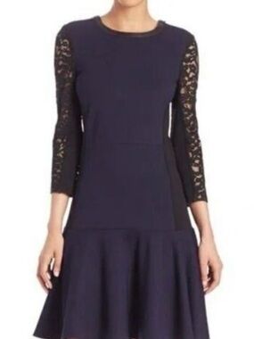 Rebecca Taylor Elegant Navy Lace-Sleeve Fit & Flare Dress